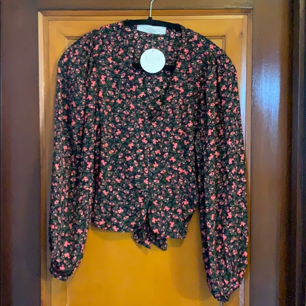 Wild fern floral balloon sleeve chiffon top